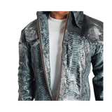 Snakeskin-patterned jacket worn by a person 