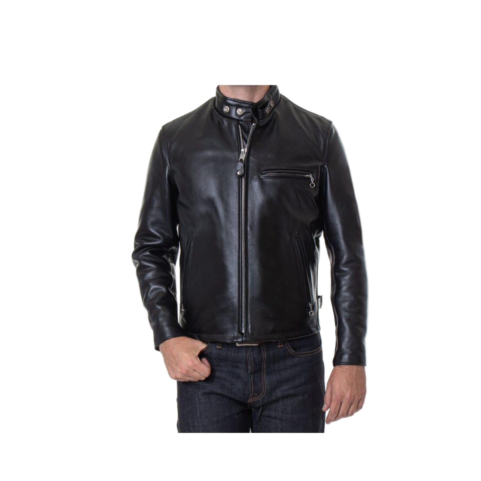 Black leather jacket worn by a person 
