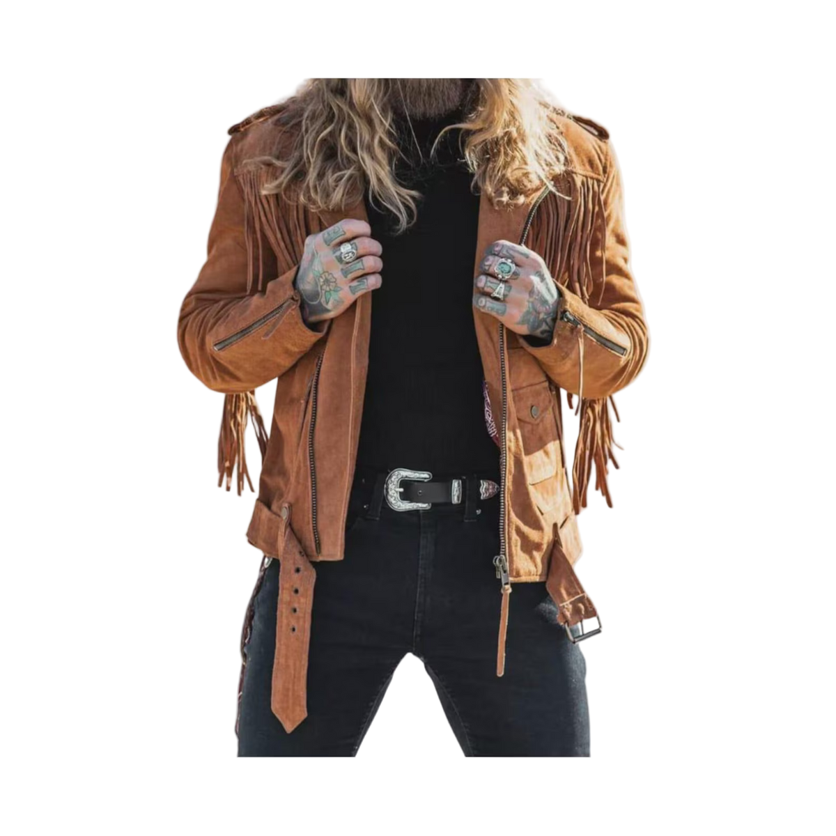 Person wearing a brown fringed leather jacket
