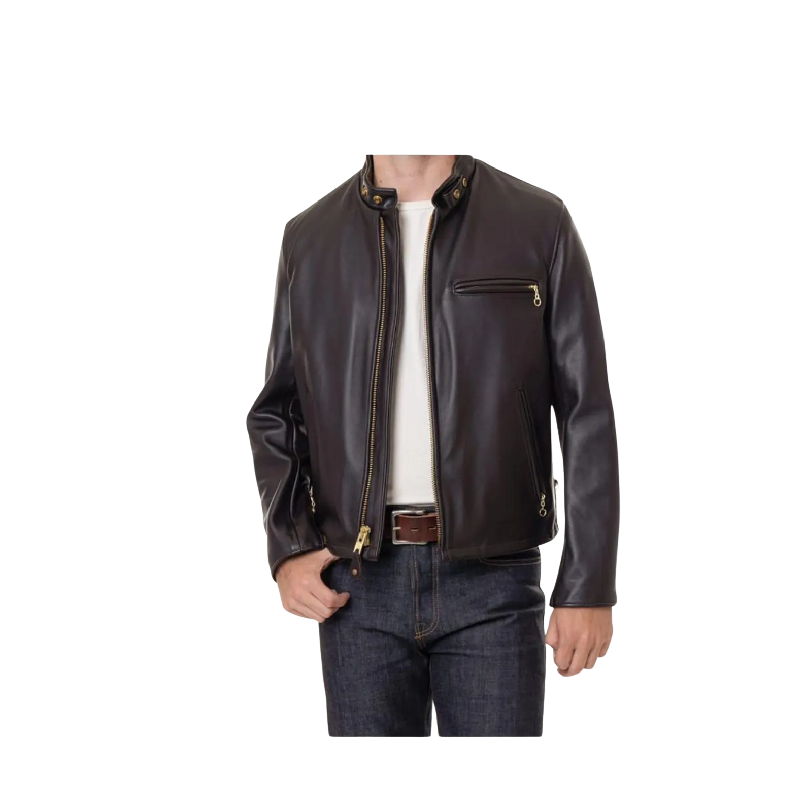 Person wearing a black leather jacket 