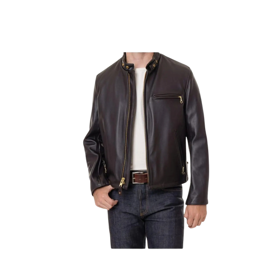 Person wearing a black leather jacket 