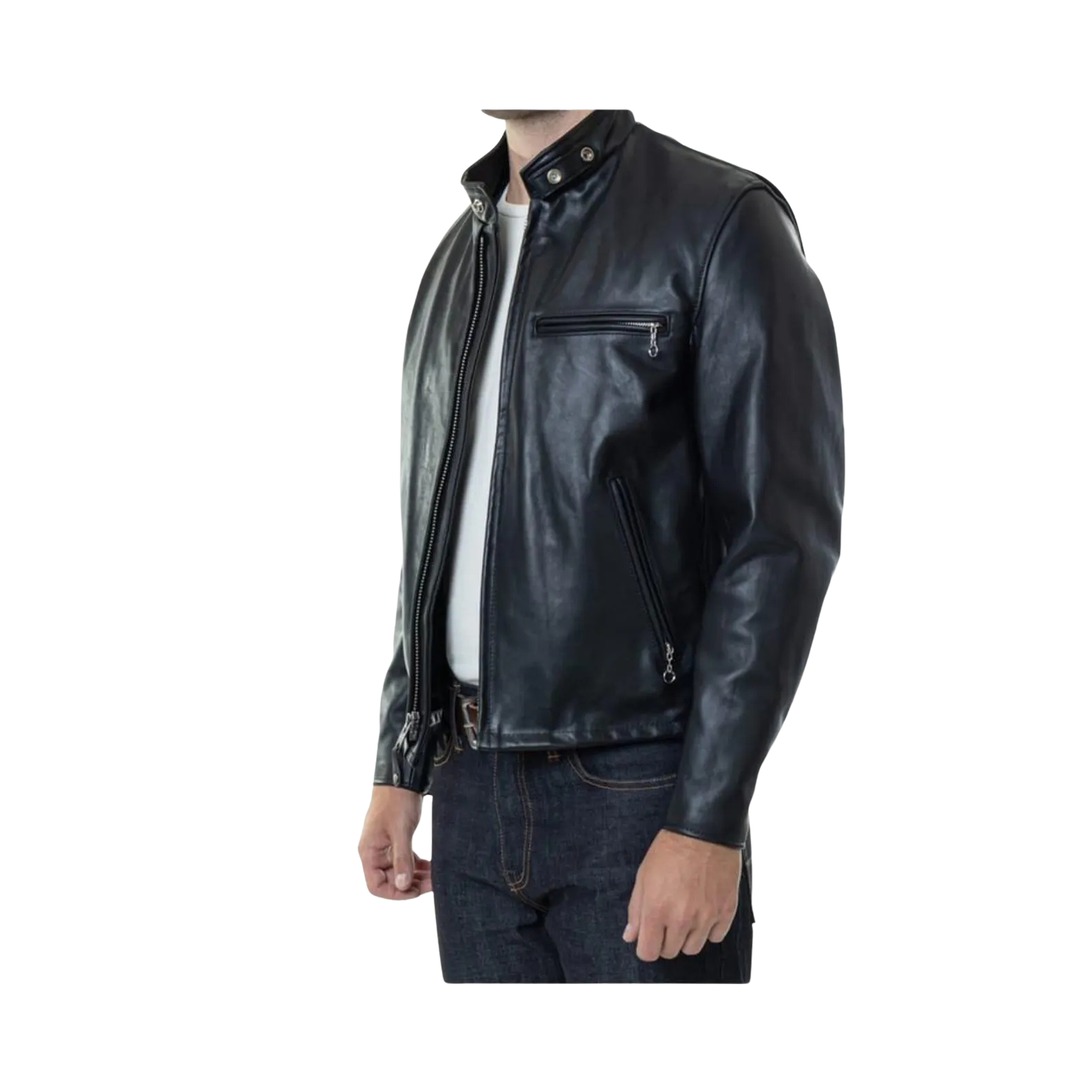 Black leather jacket worn by a person 