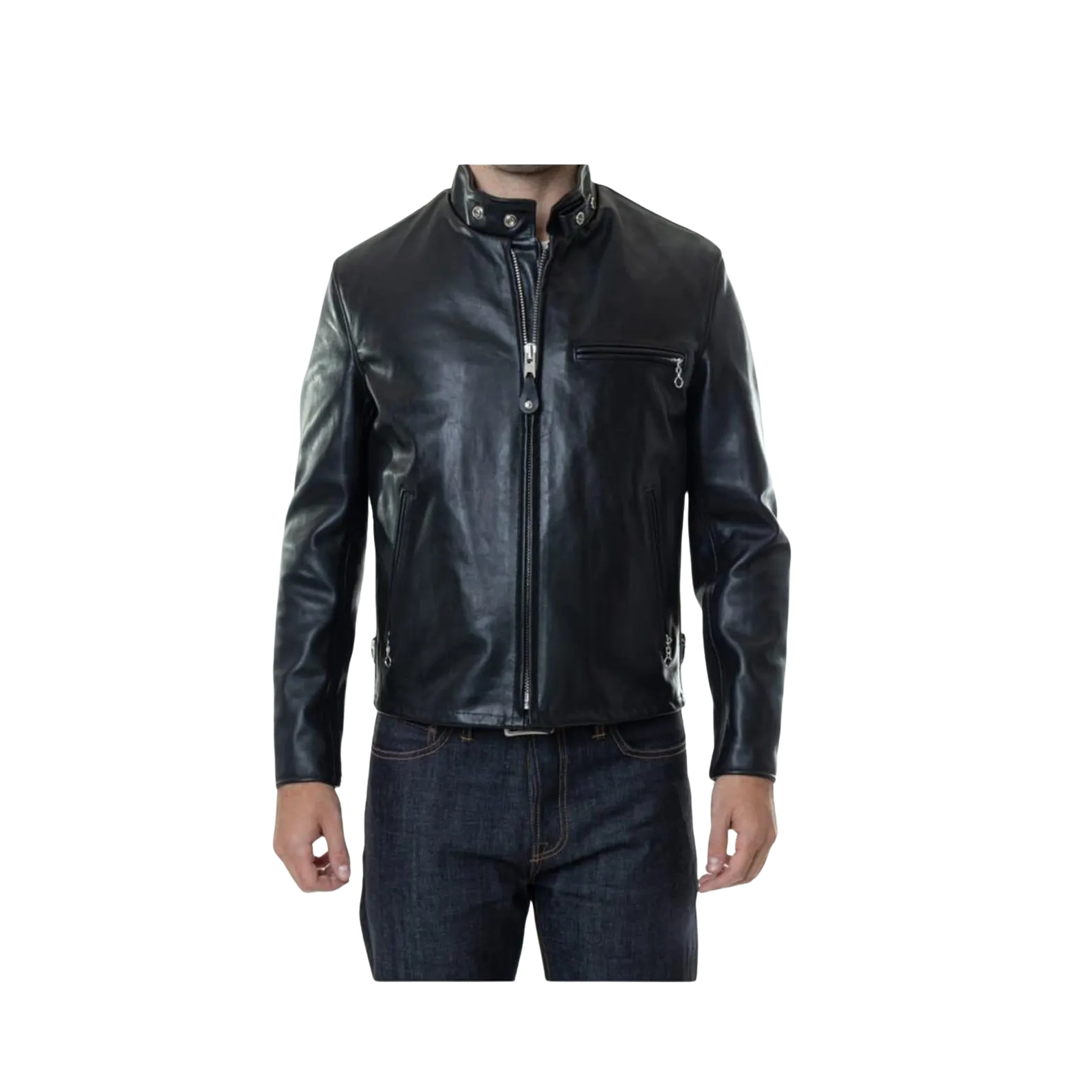 Black leather jacket worn by a person 