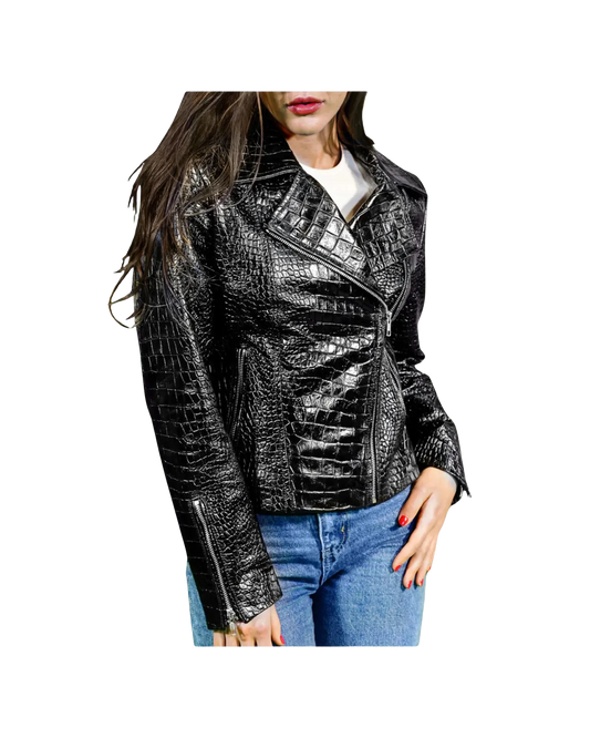 Black crocodile-patterned leather jacket worn by a person 