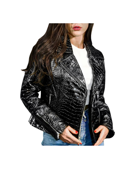 Black crocodile-patterned leather jacket worn by a person 