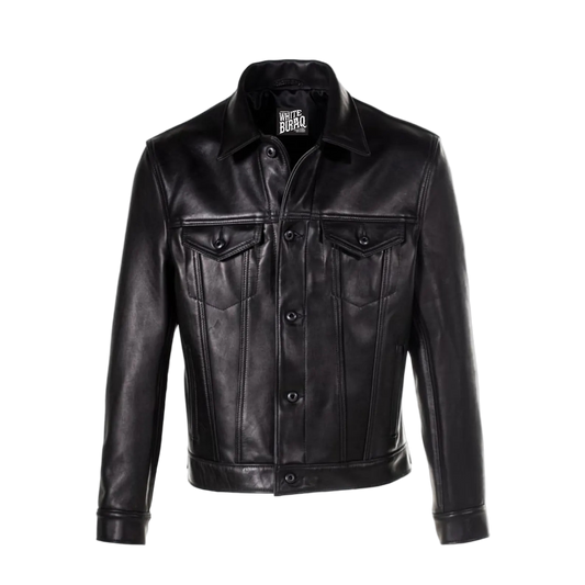 Black leather jacket with a brand logo on a white background