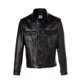 Black leather jacket with a brand logo on a white background