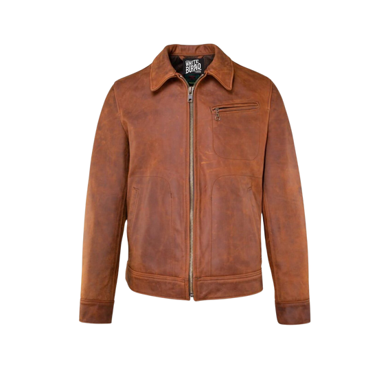 Brown leather jacket on a white background