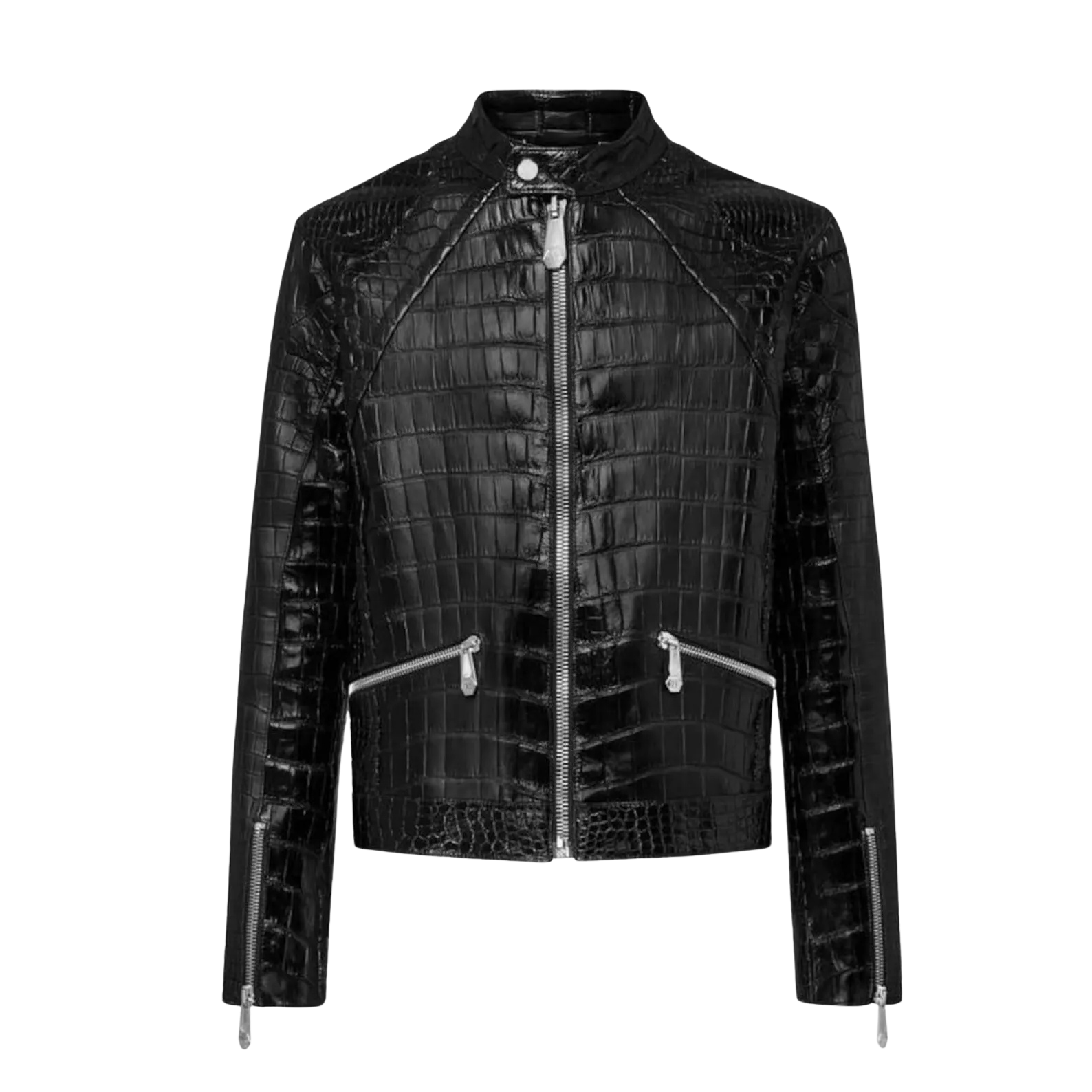 Black crocodile-patterned leather jacket 