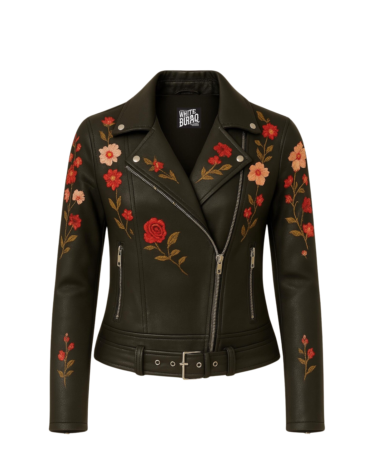 Black leather jacket with floral embroidery 