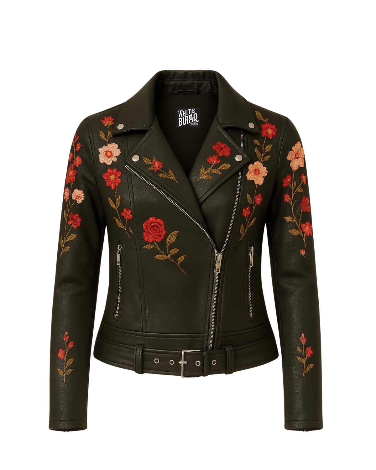 Black leather jacket with floral embroidery 