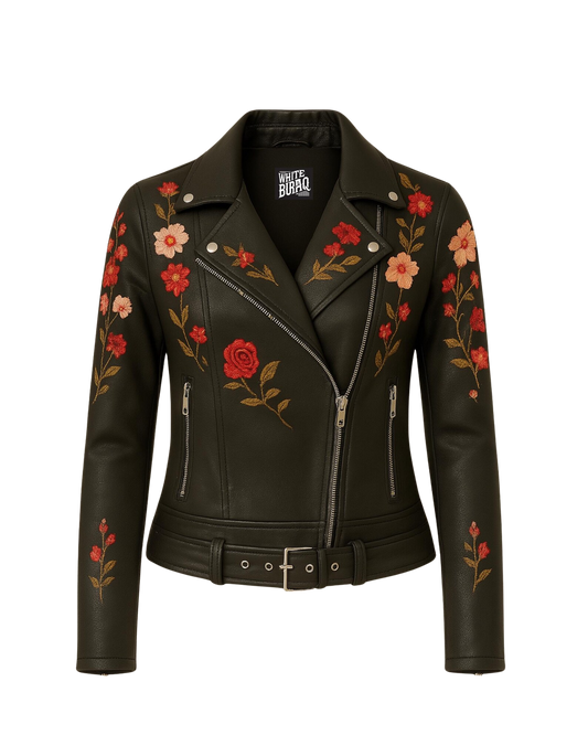 Black leather jacket with floral embroidery 