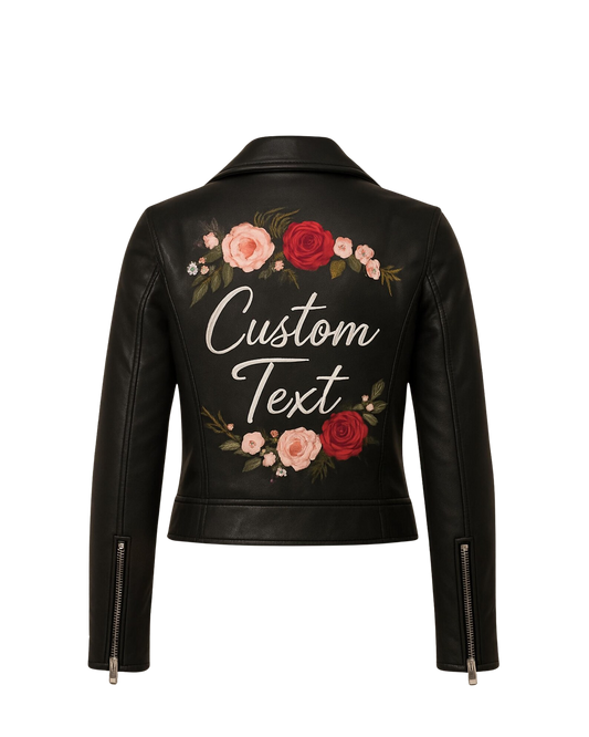 Black leather jacket with floral designs and 'Custom Text' 