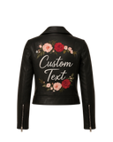 Black leather jacket with floral designs and 'Custom Text' 