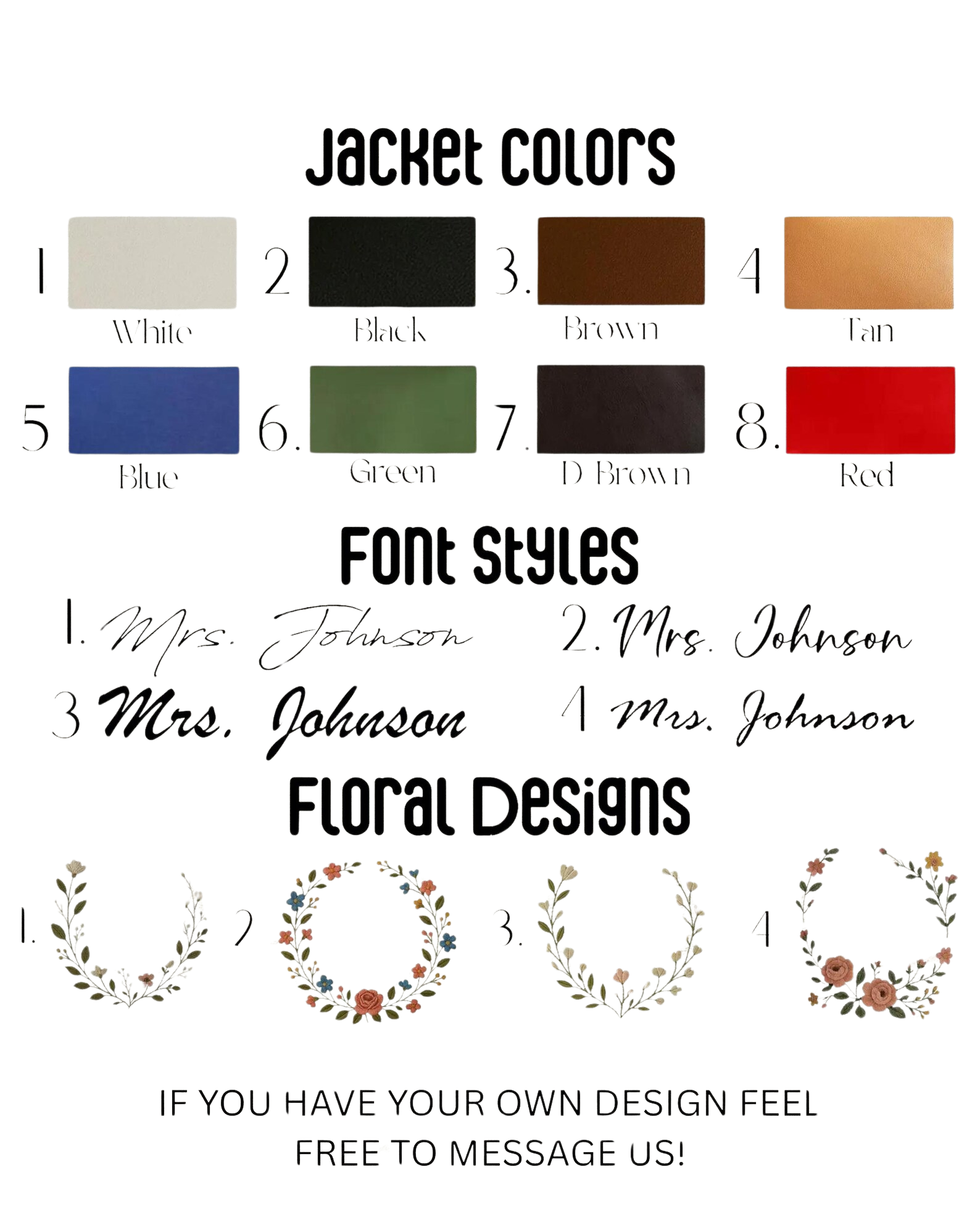 Color swatches for jacket colors, font styles, and floral designs 