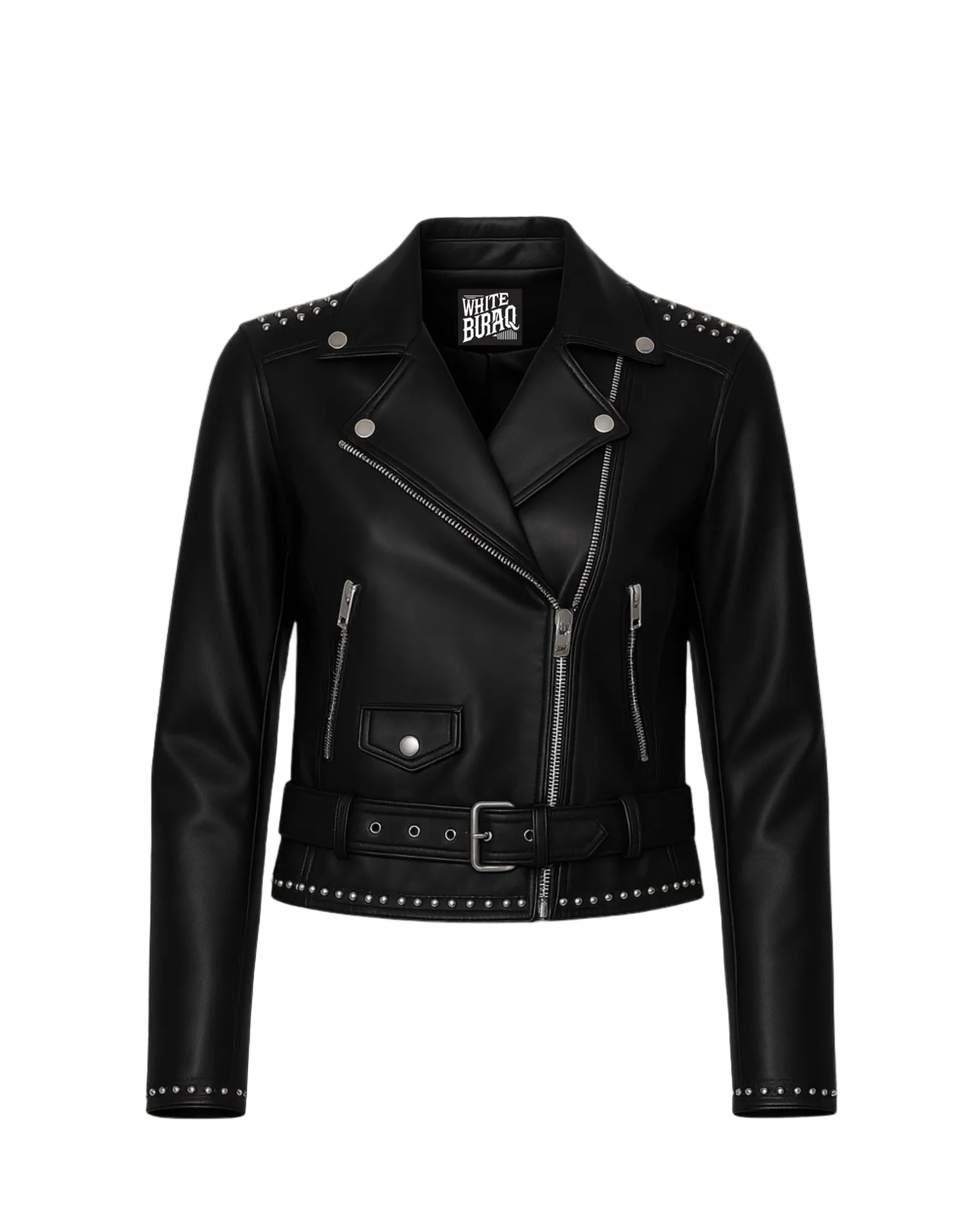Black leather jacket with studded details on a light 