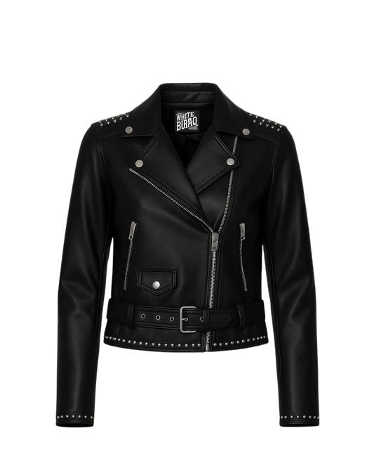 Black leather jacket with studded details on a light 