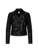 Black leather jacket with studded details on a light 