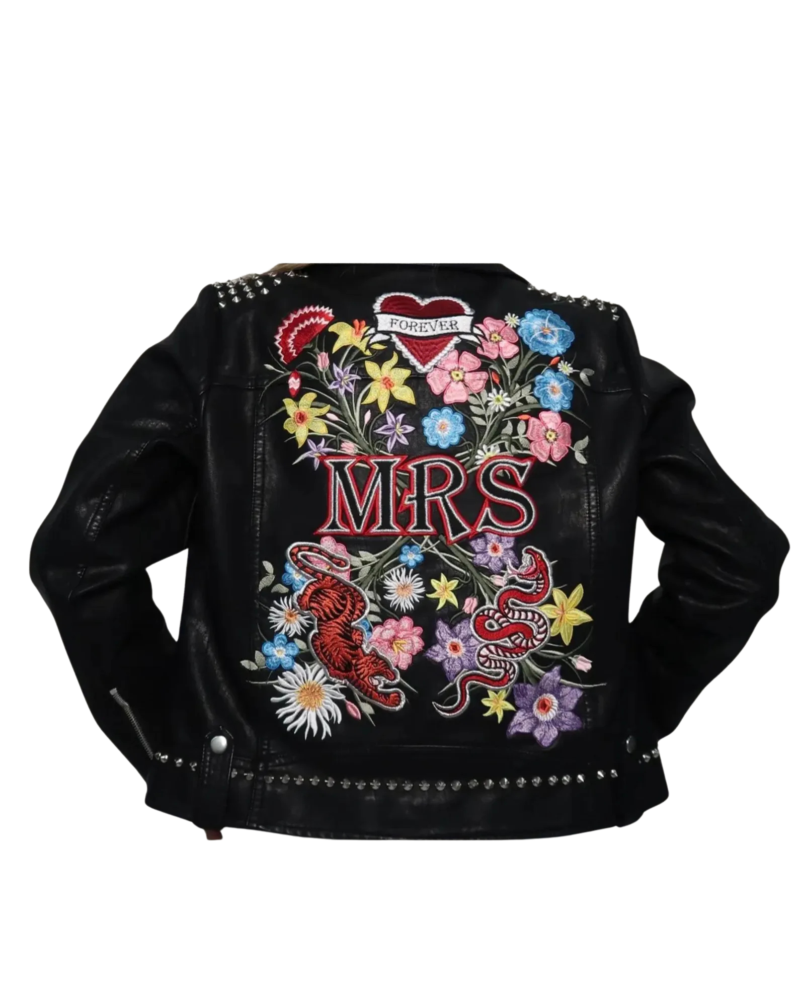 Black leather jacket with colorful embroidery and 'MRS' text 