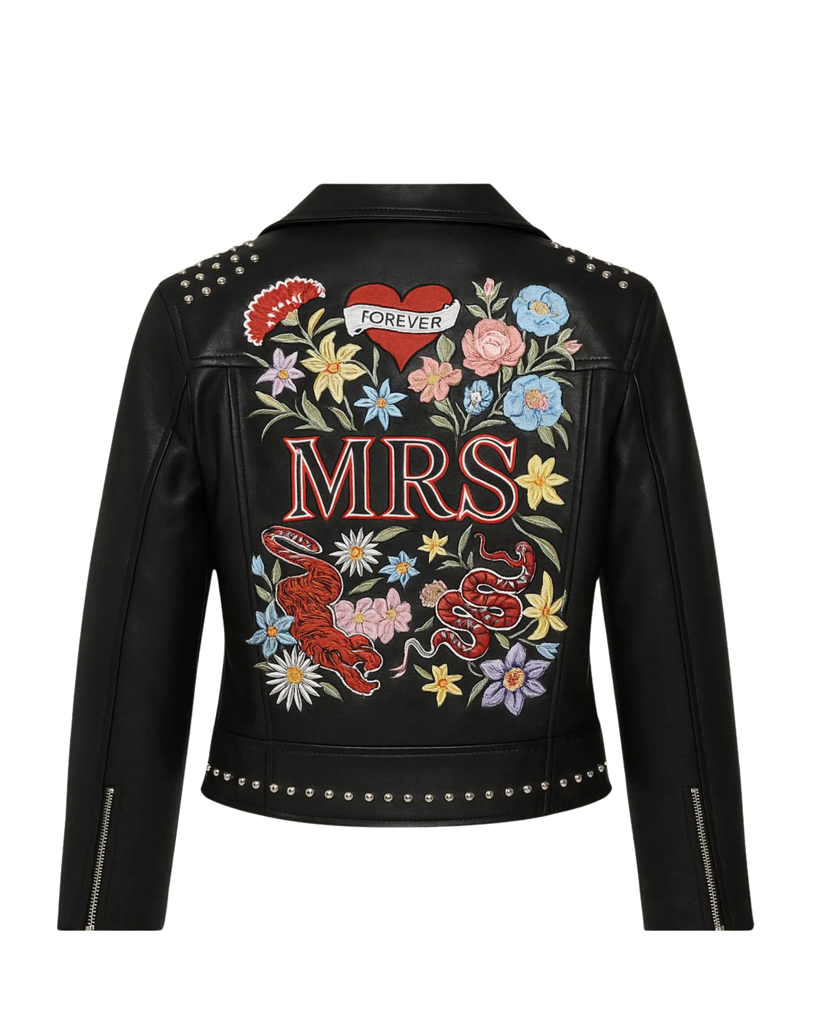 Black leather jacket with colorful embroidery 