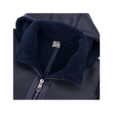 Navy blue jacket with a visible brand logo on the collar against 