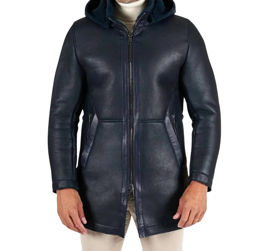 Blue leather Jacket with a hood