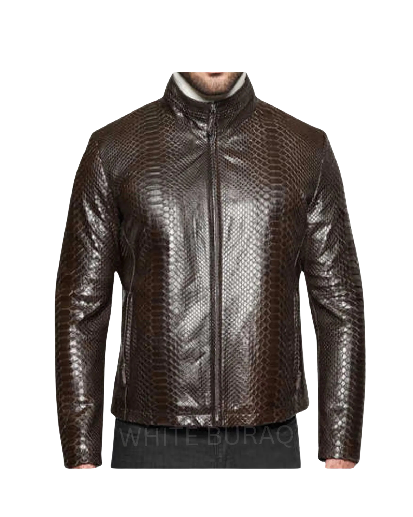 Brown leather jacket with a textured pattern 