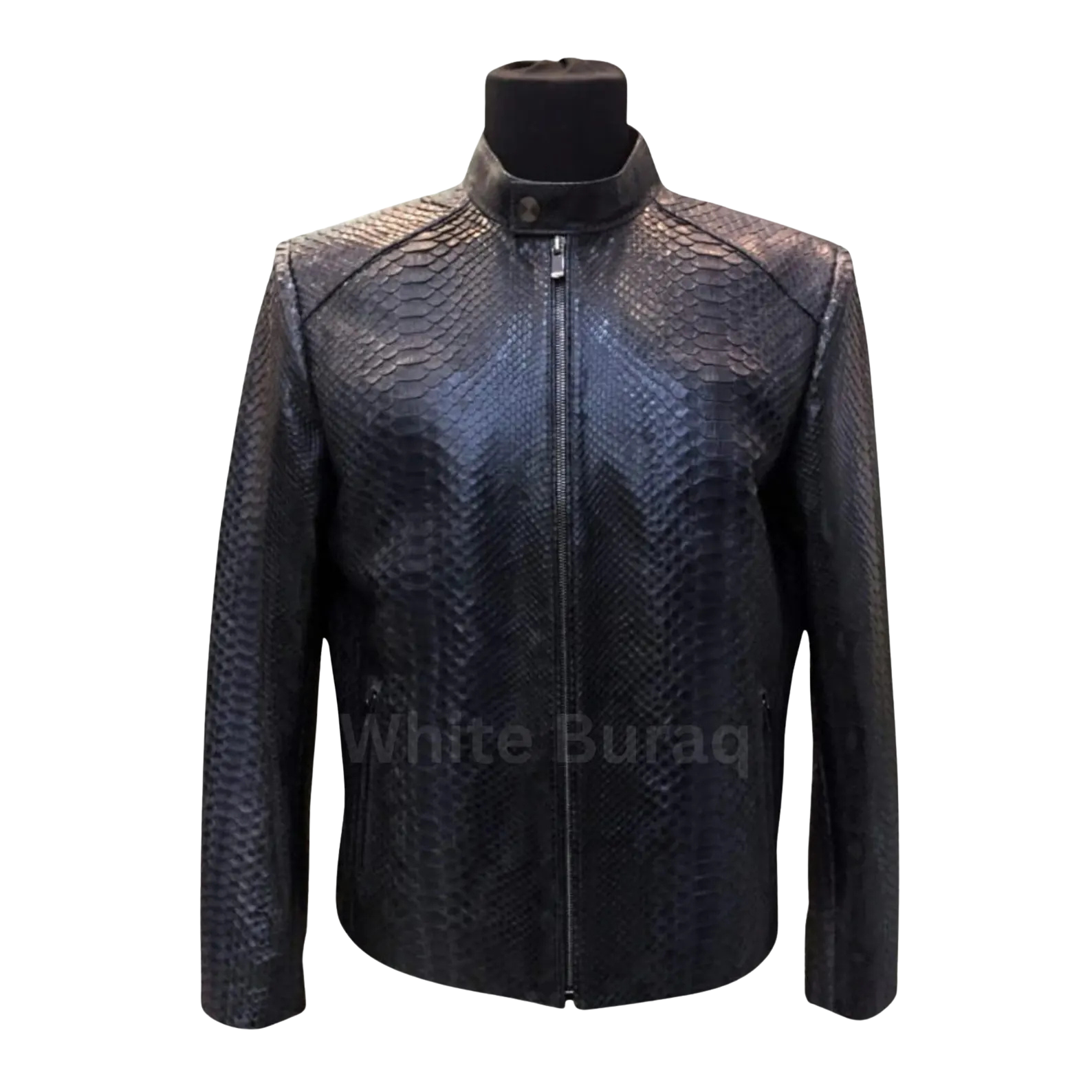 Black leather jacket with snake skin pattern on a mannequin 