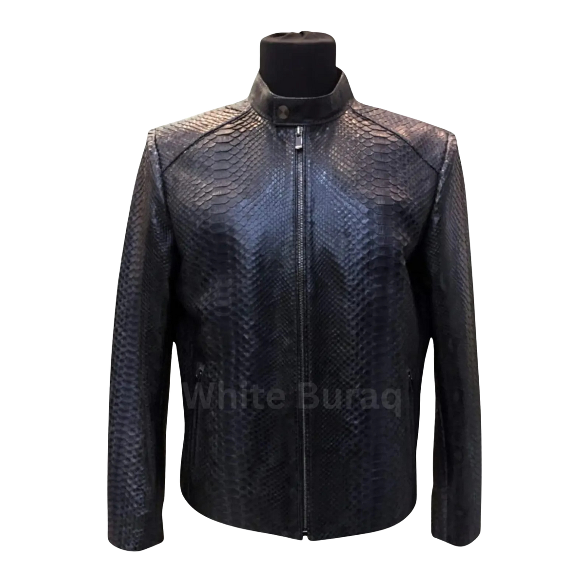 Black leather jacket with snake skin pattern on a mannequin 