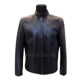 Black leather jacket with snake skin pattern on a mannequin 