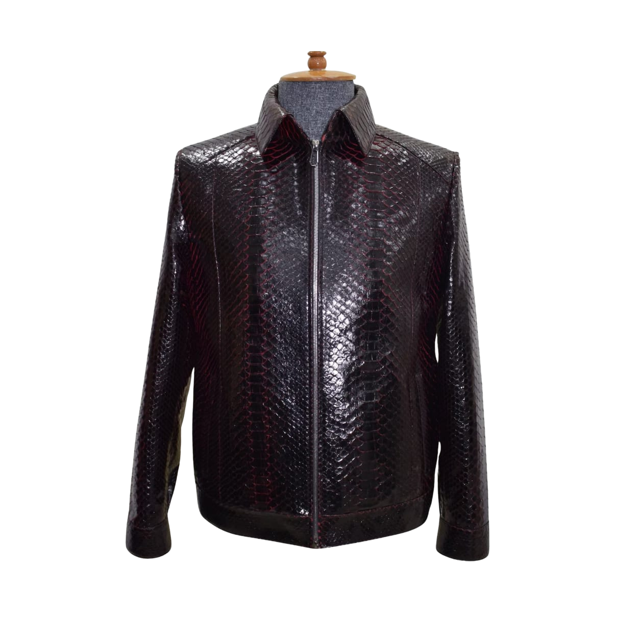 Black leather jacket with snake skin pattern on a mannequin 