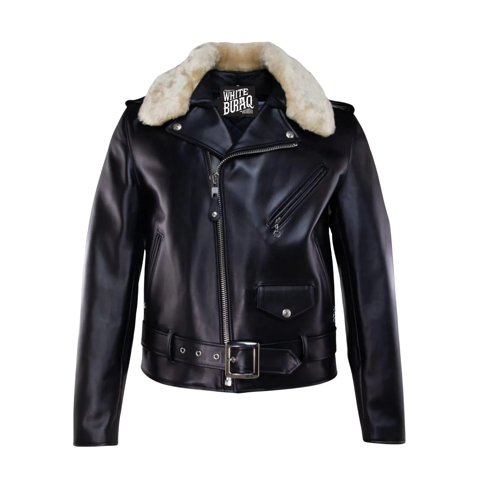 Black leather jacket with fur collar 