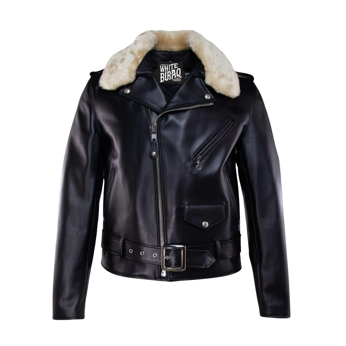 Black leather jacket with fur collar 