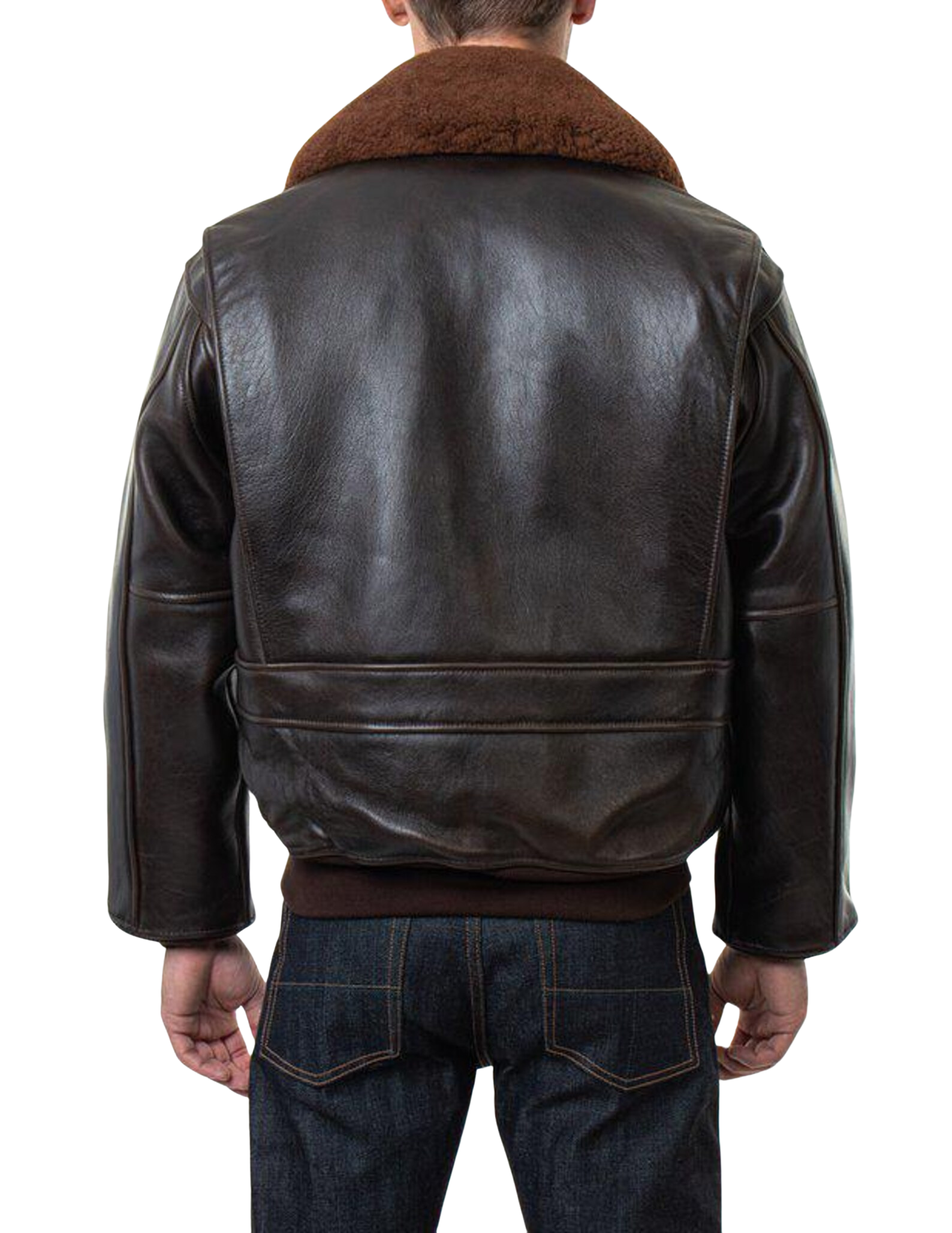 Brown leather jacket with fur collar worn by a person 