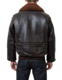 Brown leather jacket with fur collar worn by a person 