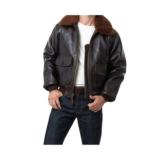 Brown leather jacket with fur collar worn by a person background