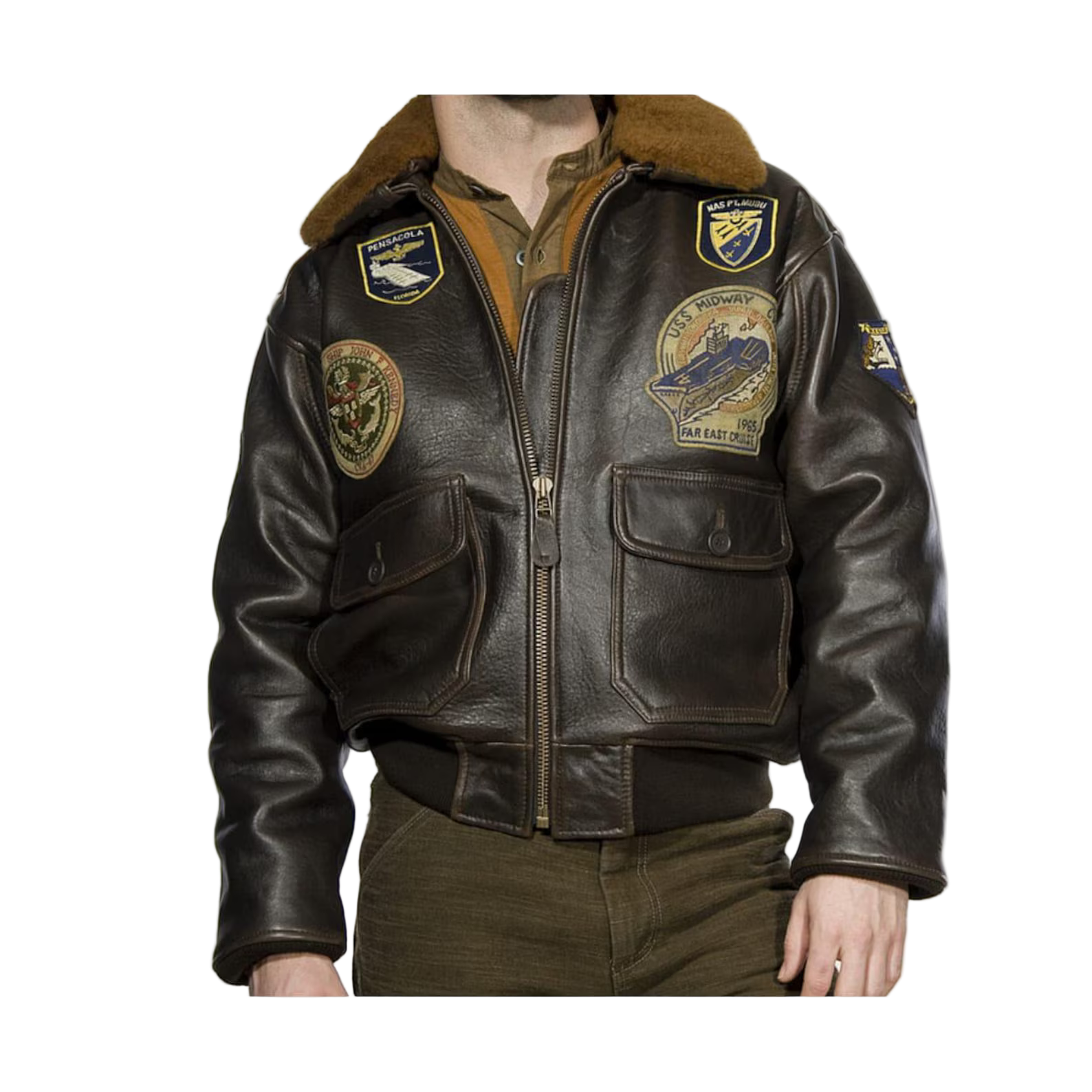 Brown leather jacket with patches on 