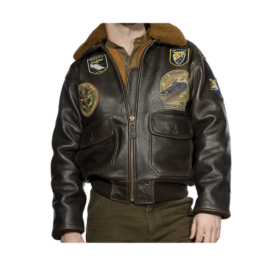 Brown leather jacket with patches on 