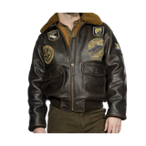 Brown leather jacket with patches on 