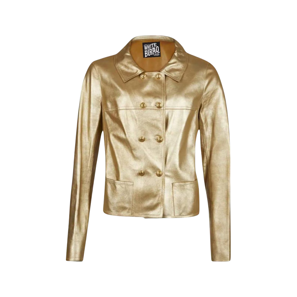 Women's Gold Metallic Leather Double-Breasted Blazer Coat
