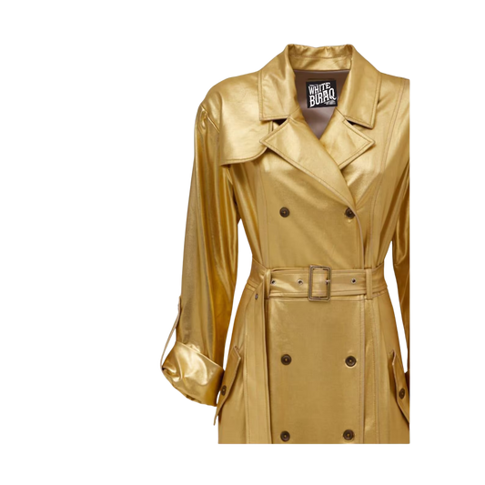 Gold trench coat with a brand label 