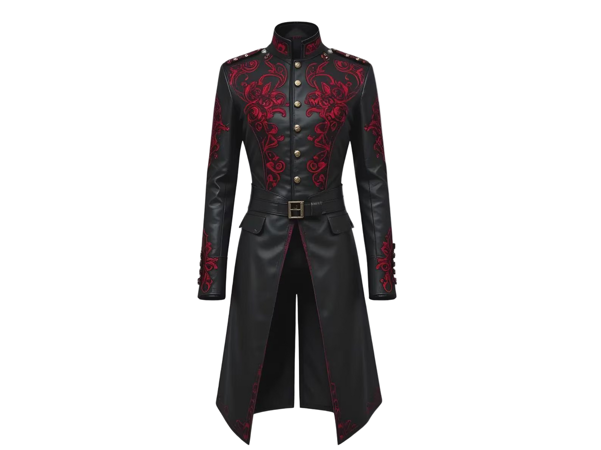 Black leather coat with red embroidery 