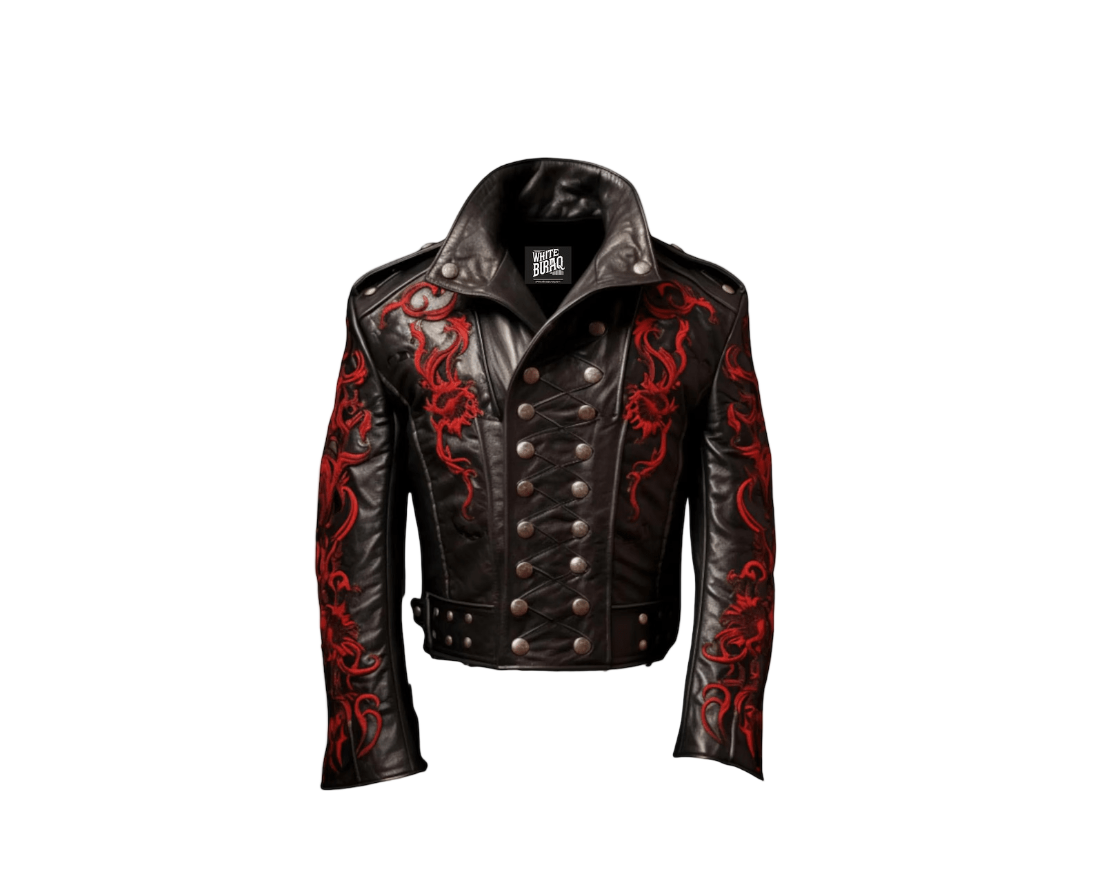 Black leather jacket with red patterns and 'White Buraq Leather Company' branding
