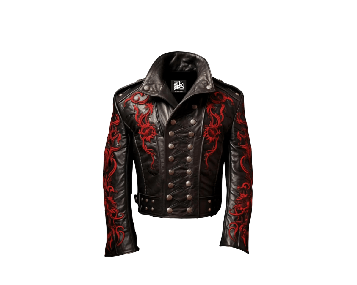 Black leather jacket with red patterns and 'White Buraq Leather Company' branding