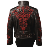 Black leather jacket with red intricate patterns 
