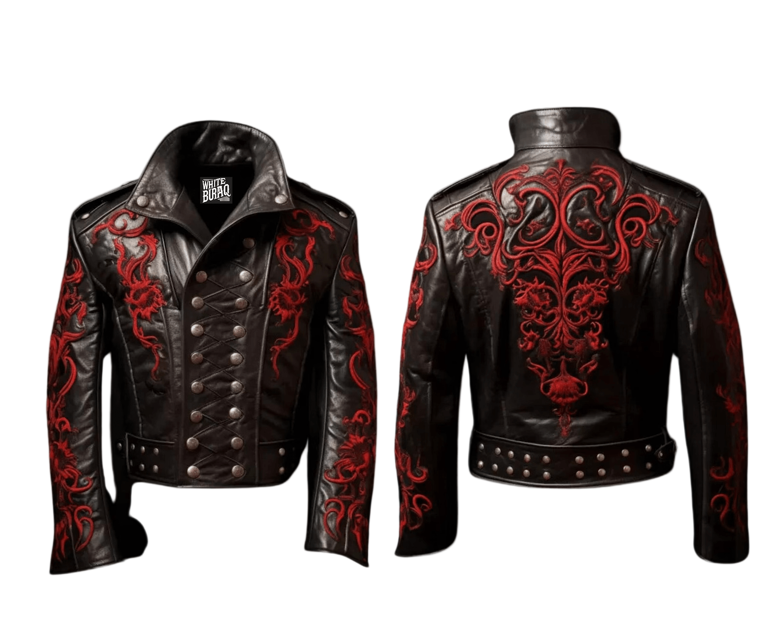 Black leather jacket with red designs featuring 'White Buraq Leather Company' branding.