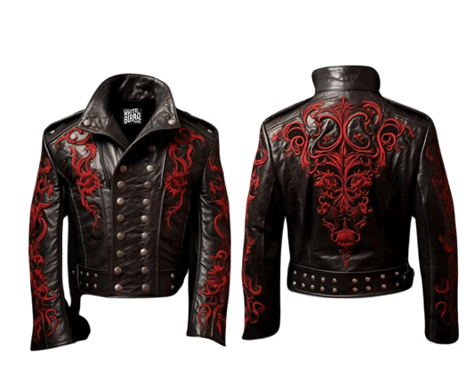 Black leather jacket with red designs featuring 'White Buraq Leather Company' branding.