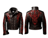 Black leather jacket with red designs featuring 'White Buraq Leather Company' branding.