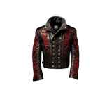 Black leather jacket with red patterns and 'White Buraq Leather Company' branding