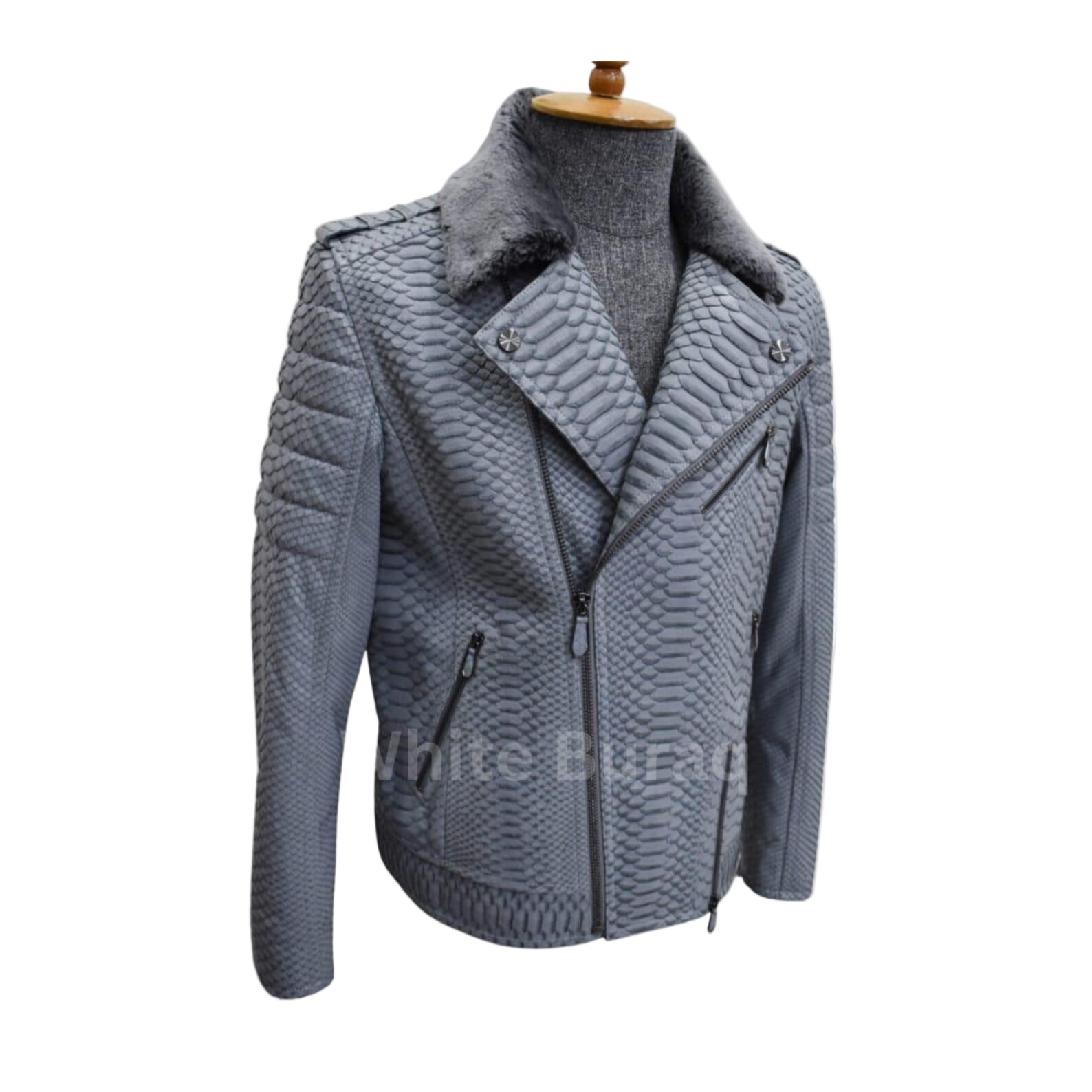 Gray leather jacket with a gold zipper on a mannequin